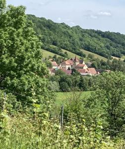 ein Haus mitten auf einem Feld mit Bäumen in der Unterkunft Rose Cottage im romantischen Taubertal in Adelshofen