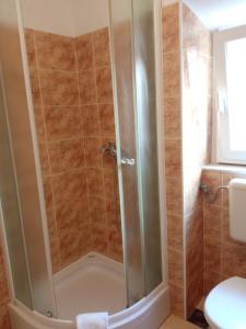 a shower with a glass door in a bathroom at Rooms Zela 1 in Korčula