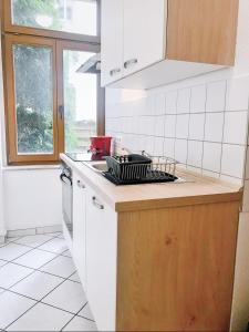 een witte keuken met een fornuis en een wastafel bij Familienfreundliches Apartment im Zentrum für Geschäftsreisen und privat in Dresden