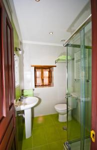 a bathroom with a sink and a toilet and a shower at Casa Rural Los Sombredales in Soto del Barco