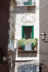 a building with a green window and a potted plant at Arechi Room in Salerno