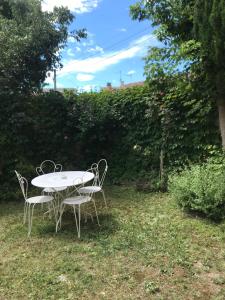 a table and chairs sitting in the grass at location studio meublé avec jardin in Sorgues +3 photos