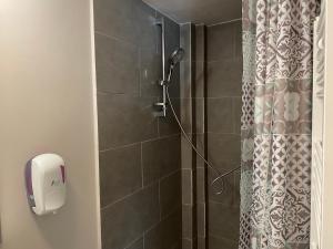 een badkamer met een douche en een douchegordijn bij Boutique Rooms with Parking in Oradea