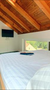 a large white bed in a room with a large window at Laura Studio Apartman in Mlini
