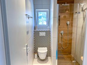 a bathroom with a toilet and a window at Eco Sunshine Apartments Lumbarda in Lumbarda