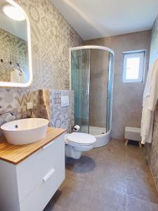 a bathroom with a sink and a toilet and a shower at Amanito Apartments in Prčanj +13 photos