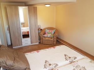 een kamer met een bed, een stoel en een spiegel bij Modernes wohnen im alten Beelitz Wohnung 1 in Beelitz