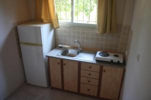uma pequena cozinha com um lavatório e um frigorífico em MARIA STUDIOS LAGANAS em Laganas