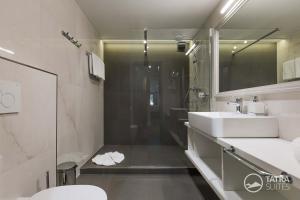uma casa de banho com um lavatório, um chuveiro e um WC. em TATRA SUITES Boutique Suites Deforte Secret Chamber em Poprad