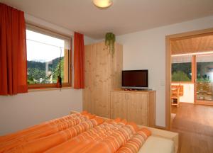 ein Wohnzimmer mit einem Sofa und einem TV in der Unterkunft SunAlpin - Ferienwohnungen in Schoppernau