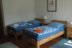 蘭河畔馬爾堡的住宿－Ferienwohnung Schewe，卧室设有两张单人床,配有蓝色枕头