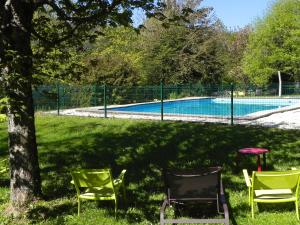 two chairs and a tree next to a pool at Hôtel des Skieurs in Le Sappey-en-Chartreuse