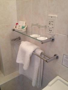 劍橋的住宿－阿什利酒店，一间带卫生间的浴室和墙上的毛巾