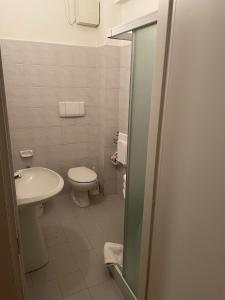 a bathroom with a toilet and a sink at Hotel Stazione del Sole in Albenga