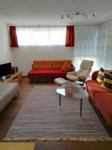 ein Wohnzimmer mit einem Sofa und einem Tisch in der Unterkunft Appartement Nischler in Wald im Pinzgau