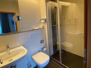 uma casa de banho com um WC, um lavatório e um chuveiro em ZUM ZIEL Hotel Grenzach-Wyhlen bei Basel em Grenzach-Wyhlen