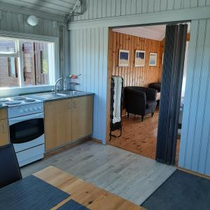 uma cozinha com um lavatório e um fogão em Hagi 1 Guesthouse em Aðaldalur