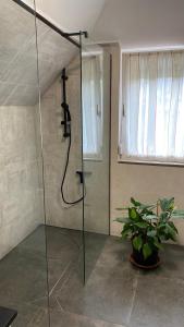 a shower with a glass door in a bathroom at Bodza Vendégház in Balatonfüred +11 photos