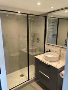 ein Bad mit einem Waschbecken und einer Glasdusche in der Unterkunft Appartement comptemporain vue mer in Grimaud