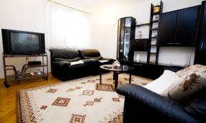 a living room with two couches and a tv at Apartment Pčelica Maja in Podstrana