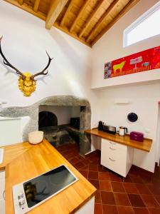 a kitchen with a counter and a fireplace at Quinta Perpetua, Casa Flores in Santa Cruz da Graciosa