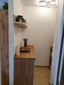 a kitchen with a wooden counter in a room at Exklusivwohnung Leipzig Flughafen in Landsberg