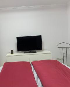 - un salon avec une télévision sur un mur blanc dans l'établissement AP Studio, à Caransebeş