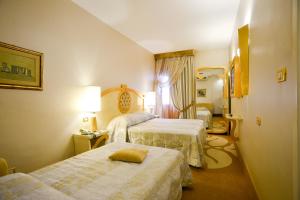 ボローニャにあるヅァンホテル トレ ヴェッチのベッド2台と鏡が備わるホテルルームです。
