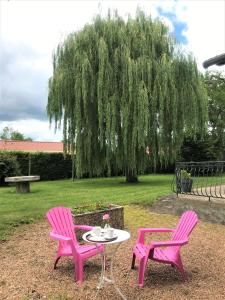 2 rosa Stühle, ein Tisch und ein Baum in der Unterkunft Le Clos Fleuri - Maison Vigier in Maringues