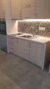 eine Küche mit Spüle und Herd in der Unterkunft Iasonas View Studio in Néa Péramos