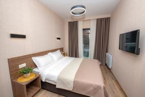 una camera con letto e TV a schermo piatto di Crystal Resort a Bakuriani Altre 37 foto