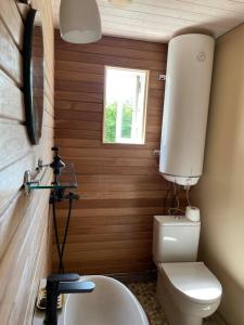 a small bathroom with a toilet and a sink at Aabu Maja in Kõrgessaare