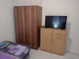 ein Wohnzimmer mit einem TV auf einem Holzschrank in der Unterkunft Apartman DM in Valjevo