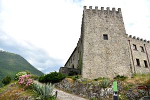 a large stone building on a hill with flowers at Il Castello dei Principi Sanseverino in Viggianello