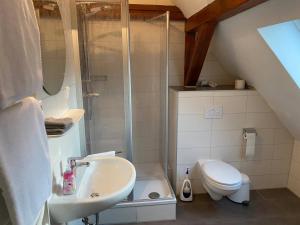Un baño con ducha, lavabo e inodoro. en Casa Mexicana, en Nienburg 9 fotos más