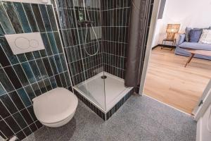 a bathroom with a toilet and a glass shower at Reims - Place du Forum - Cathédrale Hyper Centre in Reims