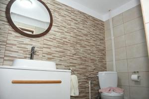 a bathroom with a sink and a mirror and a toilet at CASA DIN SAT in Eşelniţa