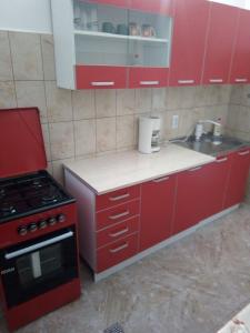 a red kitchen with a stove and a sink at Pensiunea Valea Beiului in Socolari +24 photos
