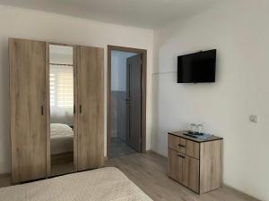 um quarto com uma cama e uma televisão na parede em The iNk Rooms em Ocna-Mureşului