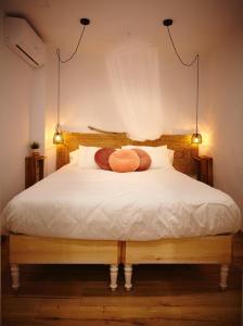 1 dormitorio con 1 cama con 2 almohadas en Amb encant i estil Mediterrani en zona tranquilla de Llançà i amb terrassa, en Llançà