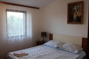 a bedroom with a bed with two pillows and a window at Apartments Dora in Medulin