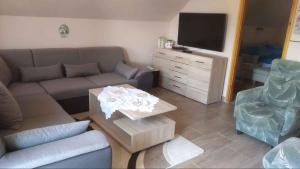 a living room with a couch and a tv at Apartment in Balatonmariafürdo 19297 in Hegy