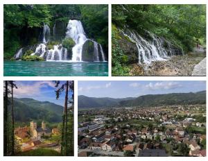4 fotos diferentes de cascadas y un pueblo en Apartment Central en Bajina Bašta