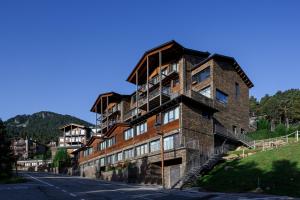 un grand bâtiment en briques sur une colline avec une rue dans l'établissement Apartamentos Masella 1600, à Alp