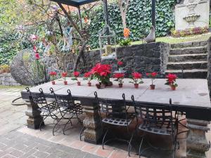 une table avec des fleurs rouges au-dessus d'un mur de pierre dans l'établissement Cerca del Colmex, Flacso y U Pedagogica, à Mexico