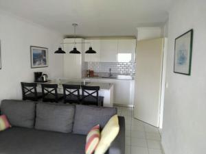 uma sala de estar com um sofá cinzento e uma cozinha em Garden level with sea view for 6 people em Saint-Raphaël