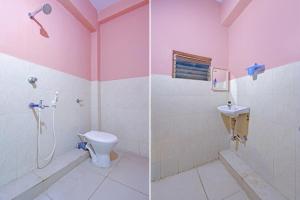 two pictures of a bathroom with a toilet and a shower at Decent residency in Kākināda