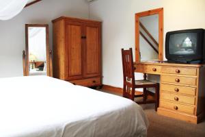a bedroom with a bed and a dresser with a television at Evergreen Lodge in Stellenbosch