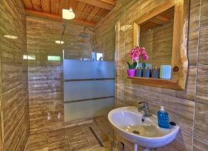 uma casa de banho com um lavatório e um chuveiro em Glamping Brodej em Vitanje