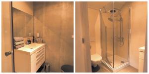 two pictures of a bathroom with a shower and a toilet at Vakantieverblijf Perron 3 in Haarle